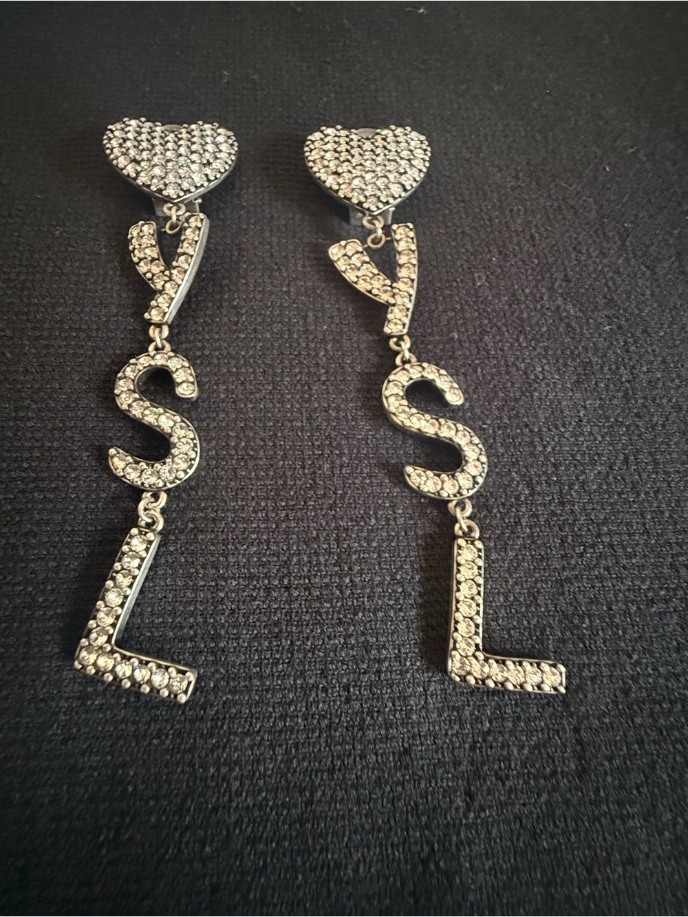 Saint Laurent Heart Ysl Clip Earrings In Argent Oxyde/crystal